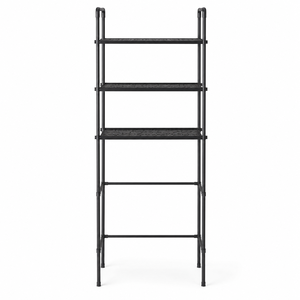 Tall Black Metal Three Tier Storage <b>Rack</b> with Open Lower Space for Bathroom Kitchen Laundry and Utility Organization Use - Product Image 1