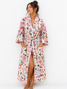 Robe kimono élégante en pur coton à motifs floraux pour femme, longue robe de détente, peignoir fait main à motifs imprimés, tenue de spa, couverture de mariée avec poches - Product Image 1