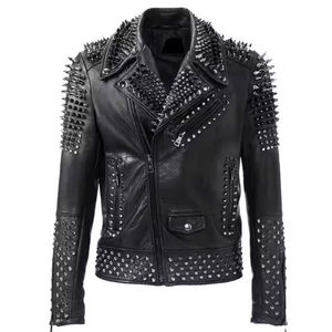 Veste de moto en cuir de style punk pour homme avec décoration en rivets, fermeture à glissière, col rabattable - Product Image 1