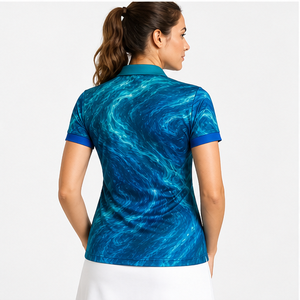 Polo à manches courtes en tissu marbré bleu électrique pour femme avec logo personnalisé, séchage rapide, sublimation, vêtements de sport pour le golf - Product Image 1