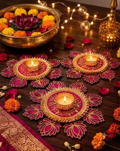 Support de bougie chauffe-plat en métal fait main, motif lotus découpé, écologique, décoration indienne Diwali pour la maison, tapis Rangoli brodé Gota Patti - Product Image 4