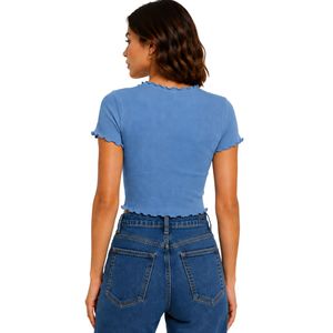 Custom Blue Ribbed Crop <b>Top</b> Women Short Sleeve Lettuce Trim Crew Neck Cotton Spandex Slim Fit Casual Summer T Shirt Custom OEM - Product Image 2