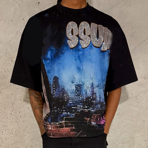 Camiseta de Hombre Personalizada con Logotipo de Diamantes de Imitación, Estilo Urbano, Lavado Ácido, Vintage, Gráfico, de Algodón 100% Pesado - Product Image 2