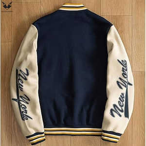 Custom Logo Embroidery Varsity Jacket Men Navy Blue Fleece Jacket Contrast Cream Sleeves Streetwear Fashion Bomber Coat - Product Image 3