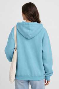 Sudadera con capucha azul claro para mujer, con cremallera completa, informal, de hombros caídos, manga larga, color liso - Product Image 2