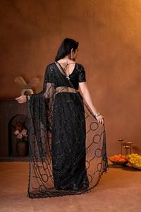 Sari de Red Negro Premium OEM a Precio de Fábrica, Prenda Tradicional Étnica India, Sari de Diseñador Bordado con Lentejuelas Listo para Usar - Product Image 3