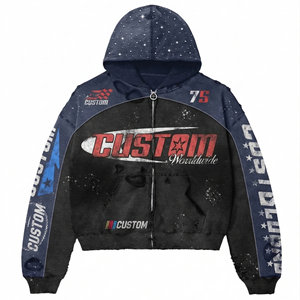 Custom Heavyweight Men's Zip up Oversized Distressed Rhinestone Color Blocked Heavyweight Patchwork Cropped Boxy Hoodies for Men - Product Image 3