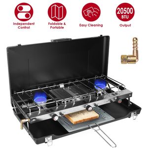 Estufa Portátil de Camping de 3 Quemadores, 20,000 BTU, Diseño Plegable, a Gas Propano, para Cocinar al Aire Libre, con Parabrisas y Asa para Bandeja de Tostadas - Product Image 1