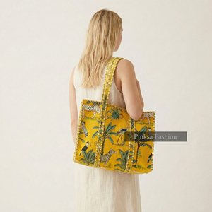 Bolso Tote de Algodón Acolchado de Jaipur al por Mayor con Cierre de Cremallera - Bolso Grande de Verano con Estampado de Animales de Safari para Viajes y Playa - Product Image 3