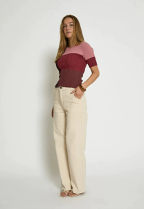 Débardeur Femme Respirant Écologique en Soie/Coton à Blocs de Couleurs, Haut Ajusté à Manches Courtes en Maille Côtelée Personnalisée - Product Image 2