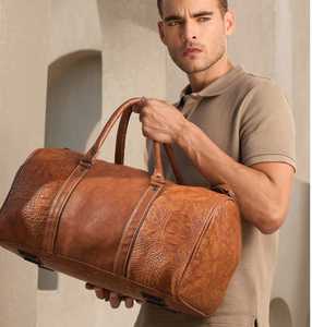 Genuine <b>Leather</b> <b>Duffle</b> <b>Bag</b> Boston Shape <b>Men's</b> Travel Shoulder Strap Zipper Closure Classic Style Brown Durable 20-35L Capacity - Product Image 4