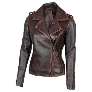 Chaqueta de Motociclista de Cuero Genuino para Mujer, Color Negro Sólido, Cierre de Cremallera, Manga Larga, Estilo Otoñal, Cuello Extendido, Clásica - Product Image 6
