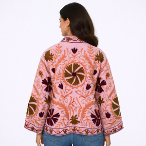 Floral Embroidered Pink <b>Jacket</b> Stand Collar Lantern Sleeve Boho Chic Style Women's Outerwear Spring Season - Product Image 2