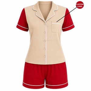 Ensemble de pyjama à manches courtes rouge et beige Cosh International Sisterhood Sorority avec boutons sur le devant et poche, vêtements de nuit décontractés, pyjamas - Product Image 5