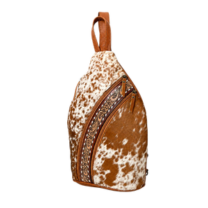 Western Hair On Cowhide Leather Sling <b>Backpack</b> Hand Tooled Floral Design Travel Daypack <b>Purse</b> for Women Cowgirl Fashion Style - Product Image 1