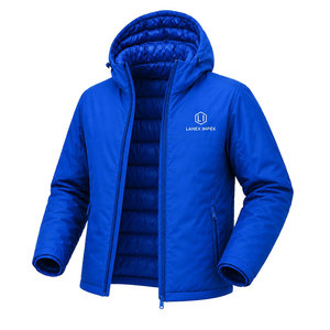 Custom Men's Solid Royal Blue Hooded Puffer <b>Jacket</b> <b>Waterproof</b> Windproof Winter Insulated Outdoor Thermal Coat Full Zip <b>Parka</b> OEM - Product Image 3