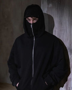 Sweat-shirt unisexe oversize noir à capuche zippé en polaire, style streetwear décontracté pour l'hiver, couleur unie, tricoté anti-boulochage, logo personnalisé - Product Image 2