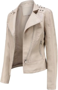 Veste en cuir rouge sur mesure pour femme, coupe ajustée, style motard, en similicuir PU, avec manches rayées, vêtement d'extérieur décontracté, manteau de motard pour l'automne - Product Image 5