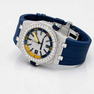 Reloj de Lujo Cuadrado con Correa Azul Semibrillada, Diamantes de Moissanita Brillantes, Movimiento de Cuarzo, Banda de Acero Inoxidable, Estilo Moderno Hip Hop - Product Image 5