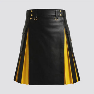 Kilt Híbrido de Cuero Vacuno Negro y Amarillo para Hombre, Kilt Utilitario con Pliegues Cuadrados y Bolsillos Tipo Cargo - Product Image 3