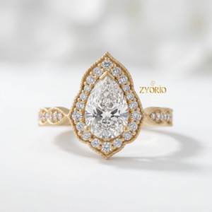Bague de fiançailles en diamant taille poire de qualité supérieure, style vintage, sertie d'un halo, diamant de laboratoire, or massif 14 carats, cadeau de mariage pour femme - Product Image 6