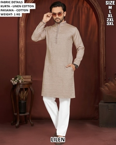 Ensemble Kurta Payama pour homme en coton avec broderie Chikankari, longueur au sol, séchage rapide, bleu clair et blanc, coupe classique, tenue décontractée traditionnelle indienne - Product Image 4