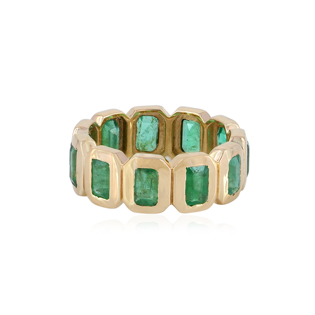 14k Yellow Gold Bezel Set Natural Emerald Handmade Full Eternity Band Ring Fine Jewelry Wholesale