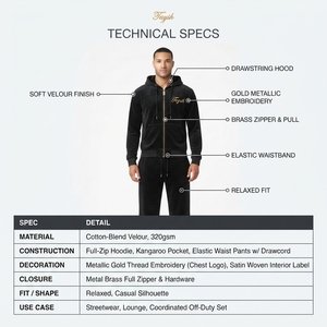 Ensemble de survêtement en velours noir Y2K personnalisé OEM, 320 GSM, extensible dans quatre sens, respirant, anti-boulochage, durable, unisexe, adulte, automne/hiver - Product Image 5
