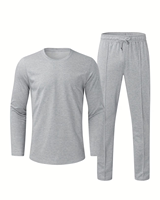 Men's Gray Long Sleeve Hoodie Pants Set Crew Neck Solid Color Casual Athletic Knitted Breathable Quick Dry Comfortable Summer