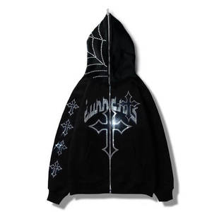 Sudadera con capucha de cierre completo estilo streetwear con pedrería Chrome Heart para hombre y mujer, oversize, hip hop, personalizada con pedrería - Product Image 1