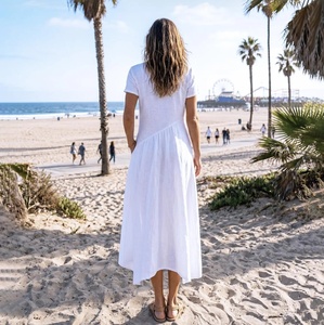 Vestido de Lino de Manga Corta con Cuello en V, Vestido con Paneles Asimétricos, Costura Diagonal, Vestido Casual de Verano para Mujer a Precio de Mayoreo - Product Image 3