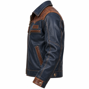 Servicio OEM ODM, Chaqueta de Cuero Vacuno Genuino Azul Marino para Hombre, Chaqueta de Motero Estilo Western Vintage de Dos Tonos Personalizada, Fabricante Mayorista - Product Image 4