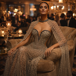 Robe de soirée de luxe en mauve, ornée de perles à la main, pour femmes |   Robe de soirée et de mariage élégante, longue, sans manches, avec broderie et cape - Product Image 4