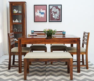 Ensemble de salle à manger extensible 6 places avec banc, finition miel, en bois de Sheesham, table à manger traditionnelle sculptée à la main - Product Image 1