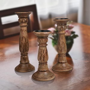 Ensemble de 3 porte-bougies en bois rustique, sculptés à la main en bois de manguier, élégants supports décoratifs pour bougies piliers - Product Image 6