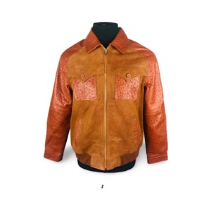 Chaqueta de Cuero de Avestruz para Hombre, Chaqueta Bomber de Cuero de Vaca Marrón con Grabado de Gamuza - Product Image 1
