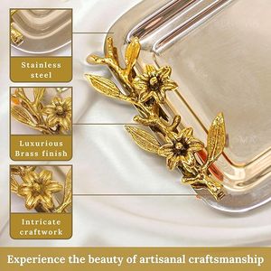 Plateau de service rectangulaire très vendu avec poignée en feuille de laiton dorée, élégant plateau en acier inoxydable - Product Image 3