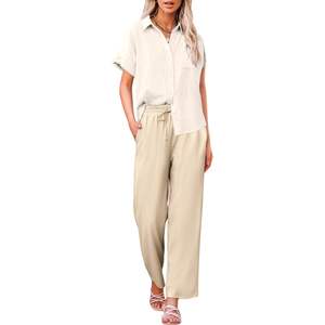 2025 conjuntos de dos piezas informales de verano para mujer, pantalones cortos holgados por encima de la rodilla, trajes de lino a la moda, talla XS - Product Image 3