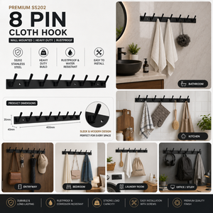 Porte-manteau mural minimaliste en métal noir avec 8 crochets utilitaires, résistant à la rouille, pour manteaux, serviettes et vêtements, idéal pour la maison - Product Image 5