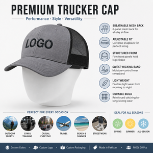 Gray Mesh Trucker <b>Hat</b> With Embroidered Logo Front Panel Adjustable Fit Unisex Casual Style 6-Panel Design - Product Image 6