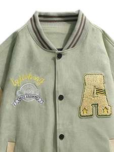 College Inspired Baseball <b>Jacket</b> Men Olive Green 100% Cotton Feel Body Beige Sleeves Vintage Varsity Quilted Hooded Winter Wear - Product Image 2