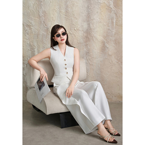 Pantalon décontracté de bureau pour femme, taille haute, coupe droite, blanc, anti-rides, avec boutons, devant asymétrique, LINDA - Product Image 2