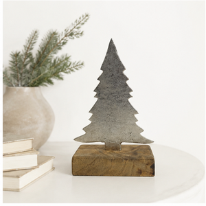 Handcrafted Silver Aluminium Cast Metal Christmas <b>Tree</b> With Solid Wooden Base Premium Rustic Holiday <b>Tabletop</b> Sculpture For Home - Product Image 6