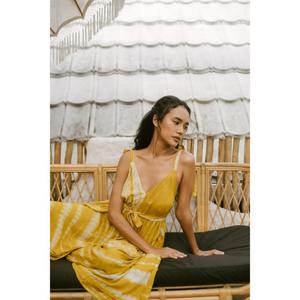 Womens Yellow Plaid <b>Boho</b> Maxi Dress Sleeveless V Neck Flowy Beach Vacation Cotton Eco Friendly - Product Image 4