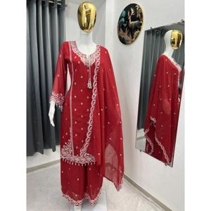 Conjunto de Salwar Kameez de Diseño con Bordado de Lentejuelas, Tela Georgette Fox Pesada, Top Reversible para Fiesta, Pantalón Plazzo Dupatta, Algodón Casual - Product Image 1