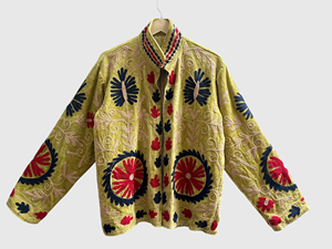 Green <b>Velvet</b> Embroidered Eye Pattern Mandarin Collar Jacket Full Sleeve Geometric Design Hand Embroidery Adult Autumn Wear - Product Image 3