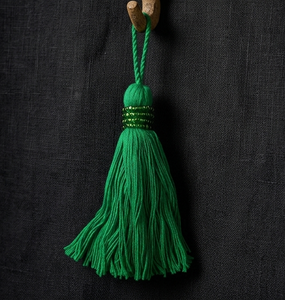 Green Fabric Tassel Decor With Beaded Detail Bohemian Style Hanging Ornament For Indoor Living Room Use - Product Image 3