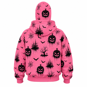 Sudadera con capucha rosa personalizada de Halloween con cremallera completa y estampado integral de calabazas, murciélagos, telarañas y castillos embrujados, sudadera extragrande para mujer - Product Image 3