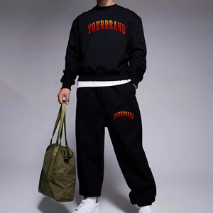 Conjunto Deportivo de Algodón Negro para Hombre, Marca Yourbrand, Cuello Redondo, Manga Larga, Corte Holgado, Pantalones Deportivos con Bolsillos Laterales, Ropa Casual de Otoño - Product Image 1