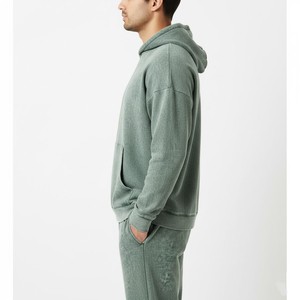 Ensemble de survêtement à capuche pour homme, vert uni, en coton, décontracté, avec cordon de serrage et poches, idéal pour l'automne - Product Image 2